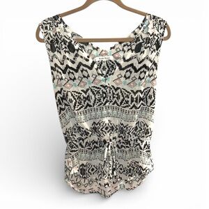 Y2K Black Rainn Semi-Sheer Print Sleeveless Peplum Top Flutter Hem Blouse Spikes